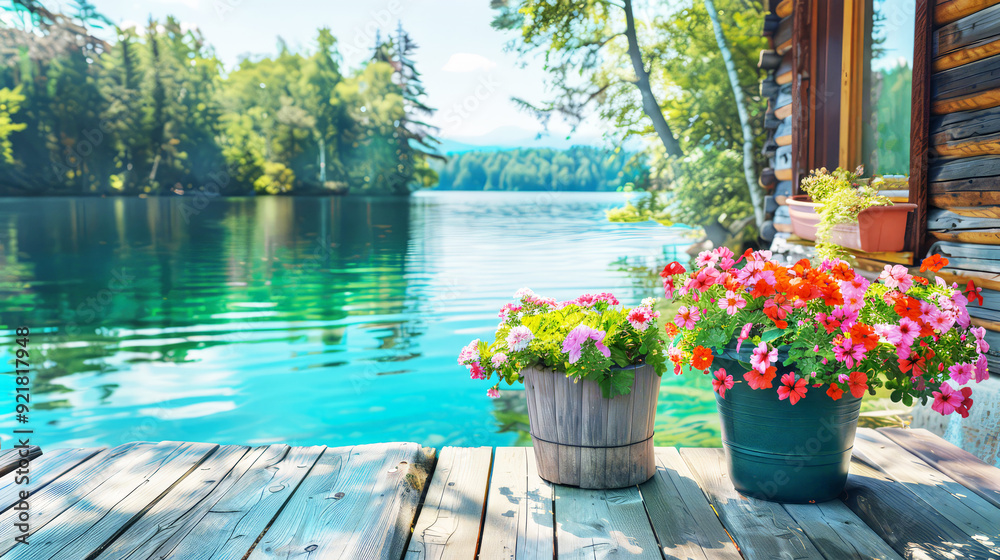 Obraz premium Flower pots on the pier of a cottage with clear water of the lake