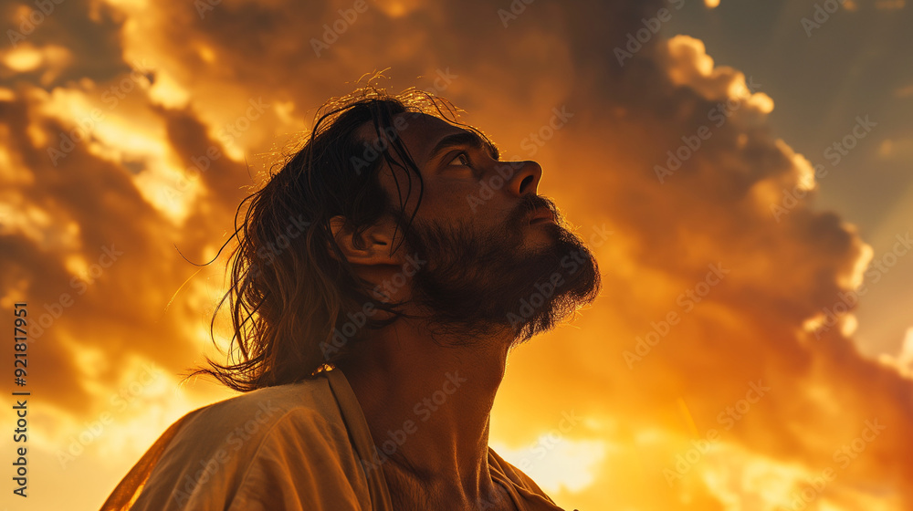 Man with long hair looking upwards against a fiery sunset sky. Man with long hair looking upwards against a fiery sunset sky.