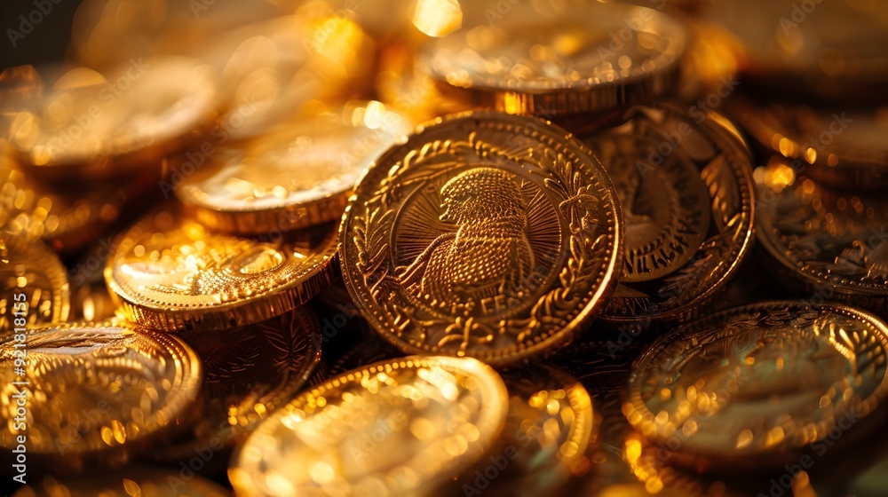 Opulent Pile of Intricate Golden Coins Symbolizing Wealth Finance and Prosperity Opulent Pile of Intricate Golden Coins Symbolizing Wealth Finance and Prosperity