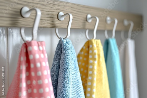 Kitchen towels hanging on a rack on a white brick wall