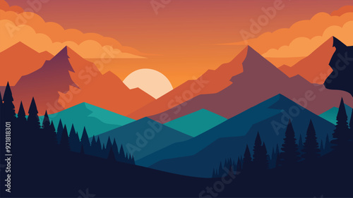 Vector illustration. Mountain landscapes in a flat style. Natural wallpapers. Geometric minimalist, polygonal concept. Sunrise, misty terrain with slopes, mountains near the forest. Clear sky