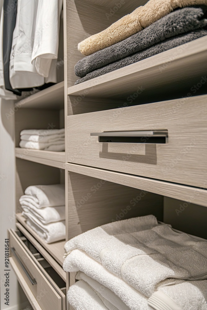 Interior of modern wardrobe with wooden walls, tiled floor and wooden wardrobe doors Interior of modern wardrobe with wooden walls, tiled floor and wooden wardrobe doors
