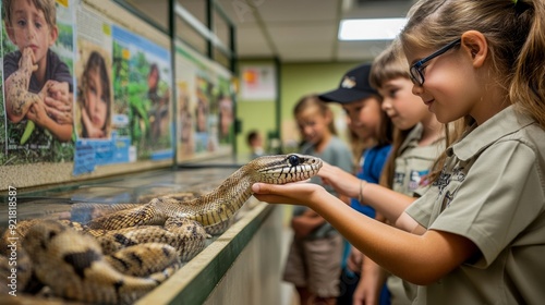 Young girl holding a snake at an educational exhibit. photo