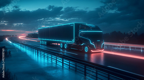 A concept of a self-driving delivery truck on a highway, logistics, dynamic and dramatic compositions, with copy space,Futuristic Technology Concept: Autonomous Semi Truck with Cargo Trailer Drives a
