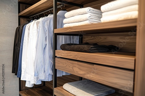 Interior of modern wardrobe with wooden walls, tiled floor and wooden wardrobe doors photo