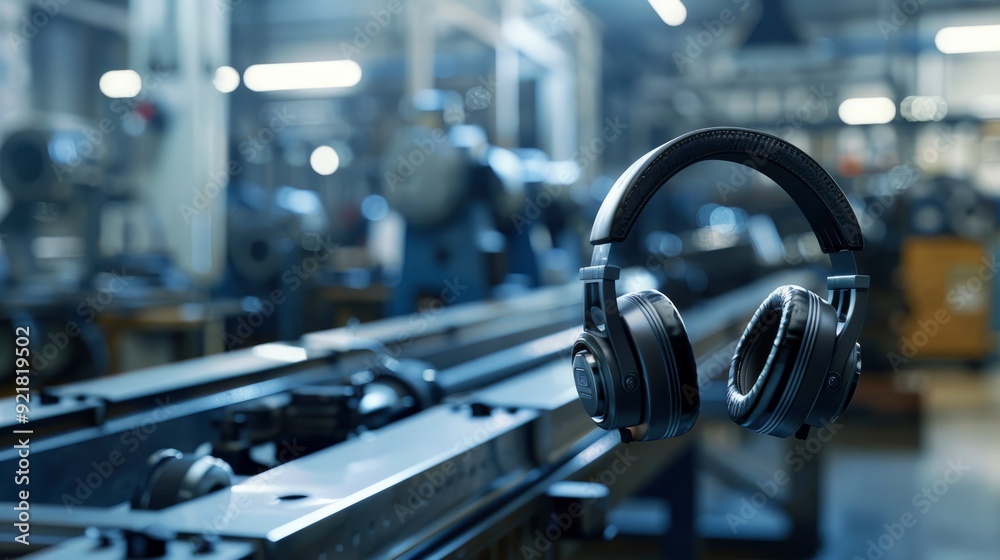 Soundproof Headphones Hang On A Lathe In A Factory, Offering Protection In A Noisy Environment Soundproof Headphones Hang On A Lathe In A Factory, Offering Protection In A Noisy Environment