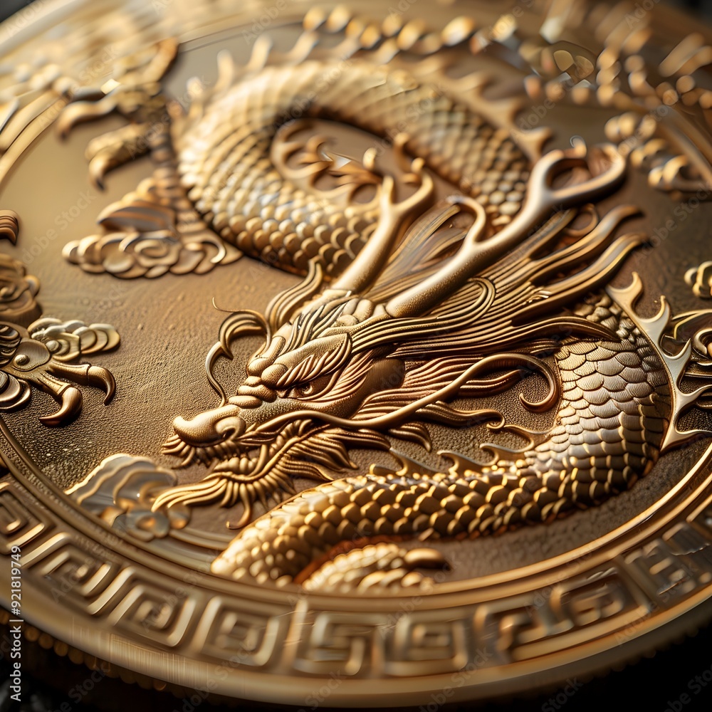 Close Up of Ornate Golden Dragon Coin with Intricate Engraved Details Close Up of Ornate Golden Dragon Coin with Intricate Engraved Details