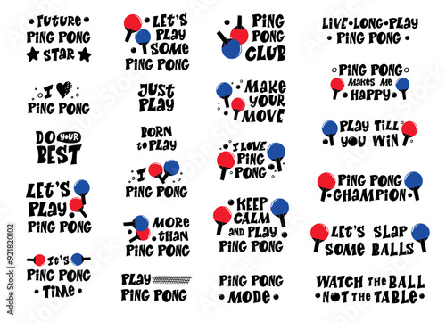 Ping pong phrases. Hand drawn illustration with typography. Racket silhouette and ball for playing table tennis. Stylized lettering sport symbol, Poster template, banner design element.
