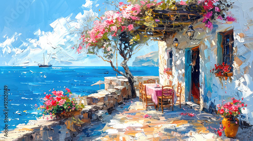 Small restaurant on the Mediterranean Sea, oil painting style, summer seascape
