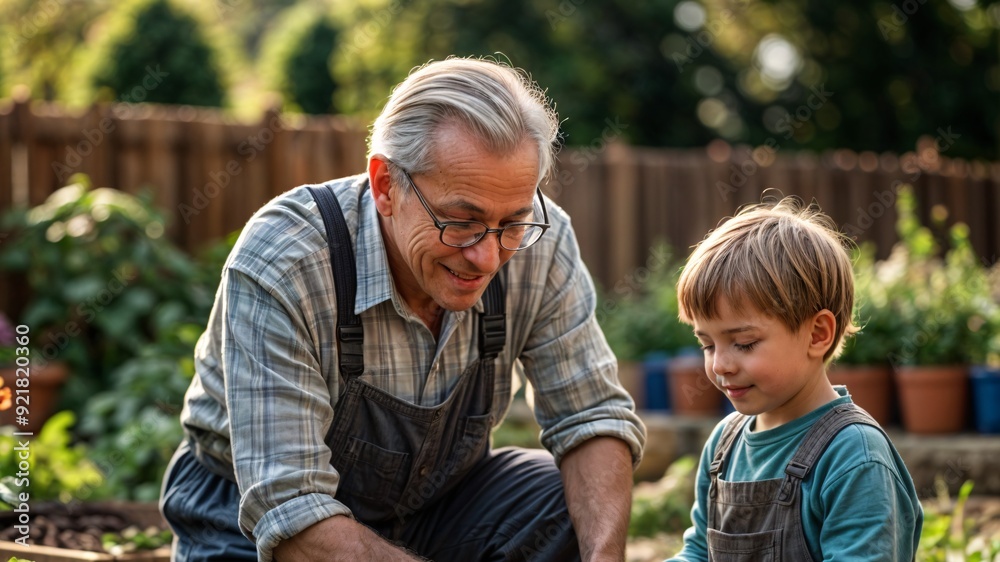 grandfather and grandson working in the garden and orchard. time with grandparents concept grandfather and grandson working in the garden and orchard. time with grandparents concept