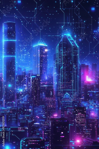 Wallpaper Mural Neon Cityscape, Futuristic Urban Skyline with Glowing Lines Torontodigital.ca