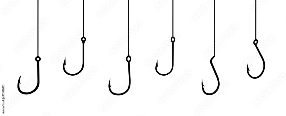 Fishing hooks. Set of fishing hooks vector illustration. Hook vector icons. Fish symbol or logo. Fishing hooks. Set of fishing hooks vector illustration. Hook vector icons. Fish symbol or logo.