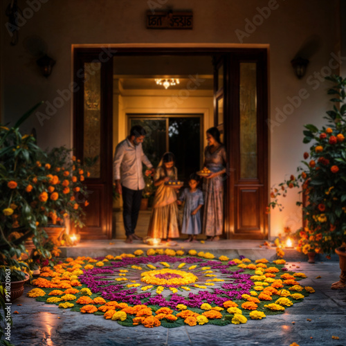 beautifully decorated home entrance with a traditional rangoli made of colorful powders and flower petals, symbolizing prosperity.