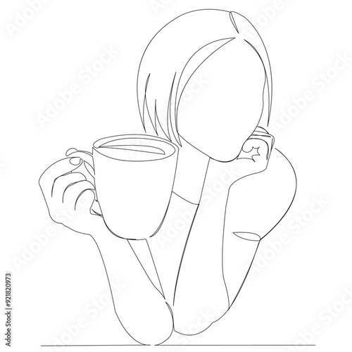 One continuous single line art doodle drawing single, image, tea, milk, coffee, girl, drink. isolated image hand-drawn contour on a white background