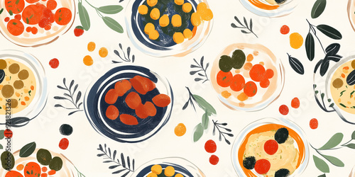 Mediterranean mezze platters with hummus and olives on a soft, rustic backdrop, seamless pattern photo