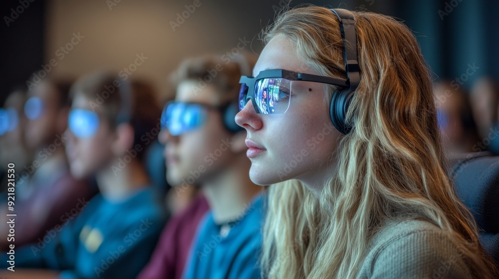 Young woman wearing headphones and glasses, looking to the side. Young woman wearing headphones and glasses, looking to the side.
