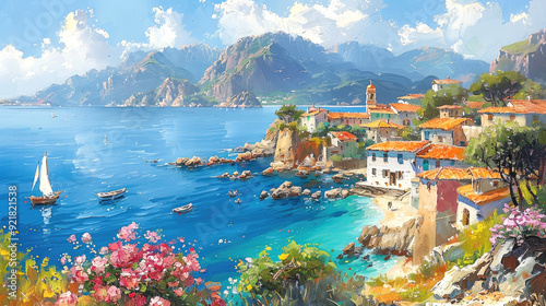 Mediterranean landscape with a small town, sea, flowers, oil painting style, summer seascape