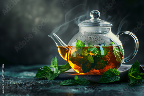 Hot mint tea. A glass teapot with green herbal tea and mint leaves. Fresh healthy fragrant tea. Mint leaves lie on the table nearby. Dark background. Steam. photo