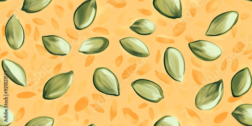 Pumpkin seeds with greenish hues on a light orange background, a seasonal feel, seamless pattern