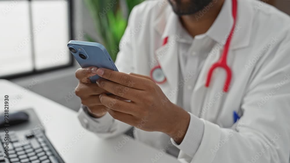 African american male doctor in white lab coat using smartphone in clinic office setting African american male doctor in white lab coat using smartphone in clinic office setting
