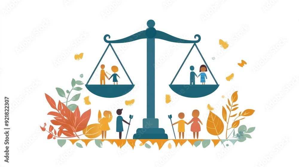 Balanced scales with family symbols representing the concept of justice fairness and within a society  This flat design conveys the idea of legal system legislation and social equilibrium