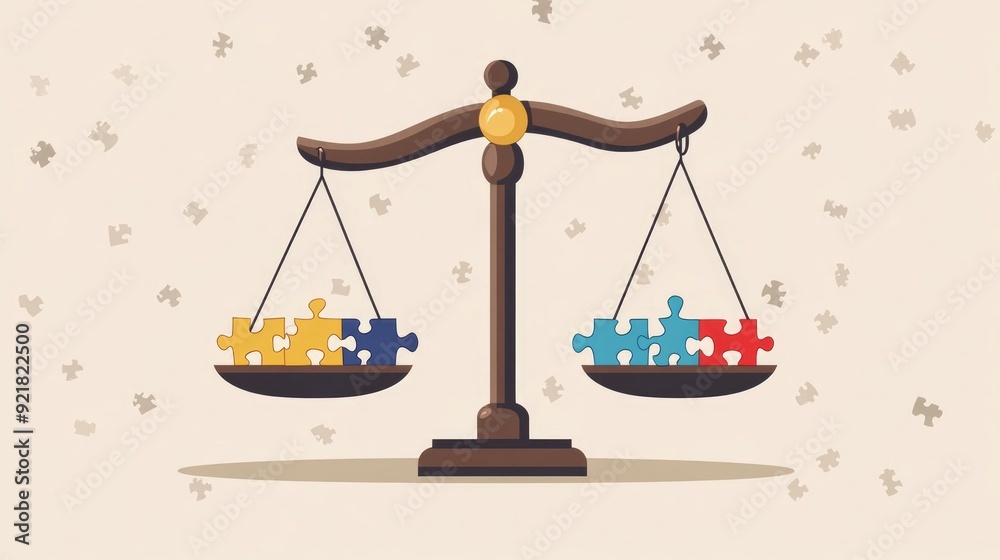 Flat design of justice scales with puzzle pieces symbolizing the complexities and moral dilemmas involved in making fair and balanced decisions Flat design of justice scales with puzzle pieces symbolizing the complexities and moral dilemmas involved in making fair and balanced decisions