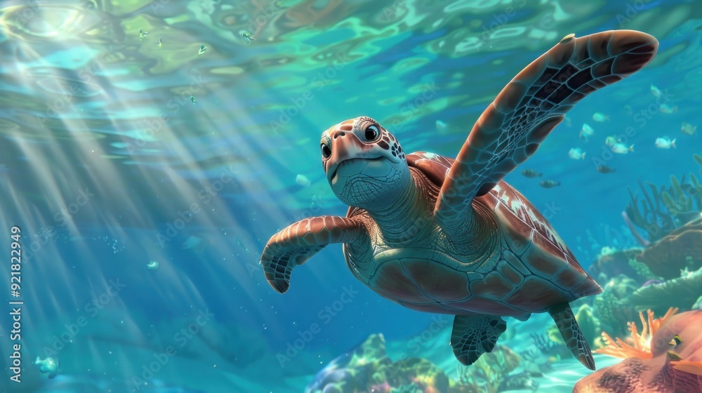 Obraz premium Sea Turtle Swimming Towards the Sunlight