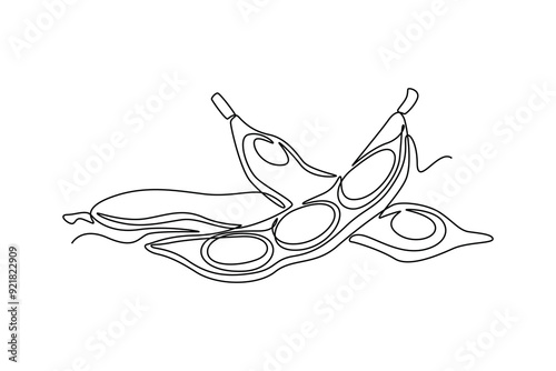 Continuous one line drawing of whole and peeled healthy organic green edamame for farm logo identity. Fresh Japanese pea concept for vegetable icon. Single line draw design vector graphic illustration