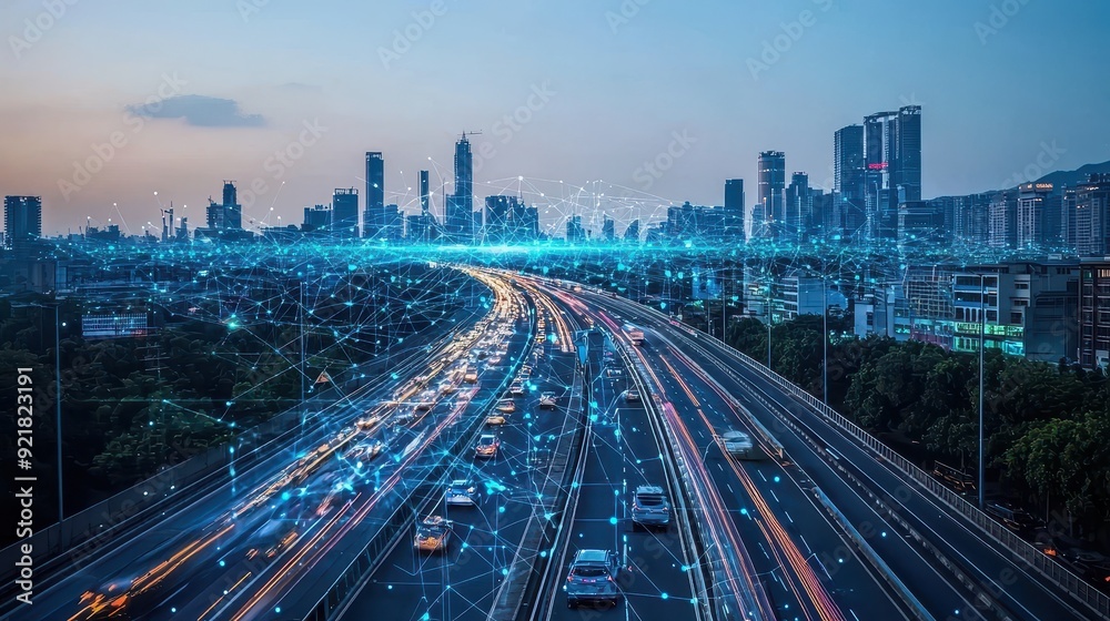 Fototapeta premium Cityscape with Connected Network