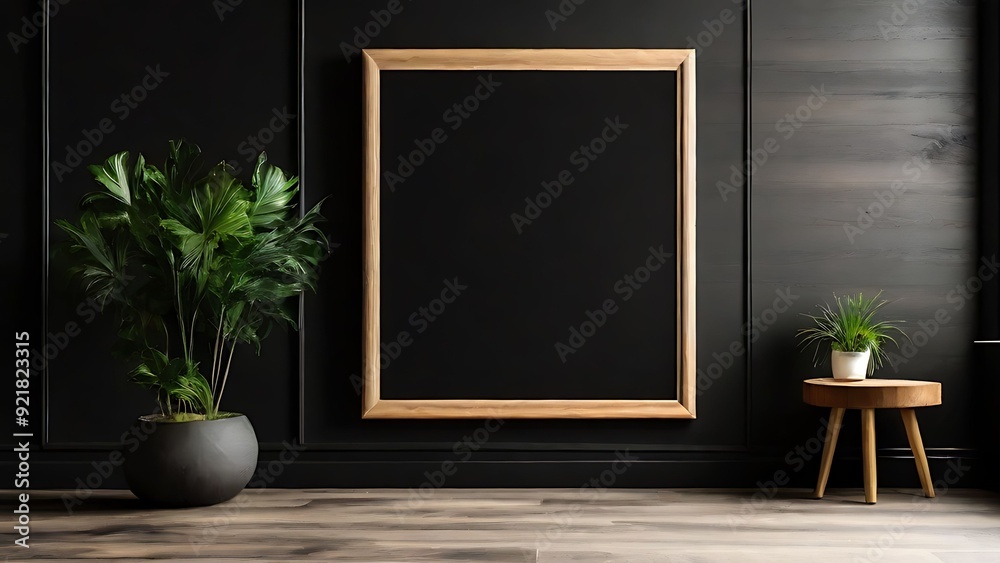 Empty wooden frame on wall mockup Empty wooden frame on wall mockup