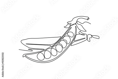 Single continuous line drawing whole healthy organic green pea for farm logo identity. Fresh seed pod of pisum sativum concept vegetable icon. Dynamic one line draw graphic design vector illustration