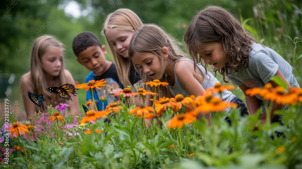Children Observing Butterflies in a Flower Garden. Children Observing Butterflies in a Flower Garden.