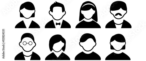 Vector illustration. Eight icons. Avatar, user profile, person icon, profile picture. Suitable for social media profiles, icons, screensavers and as a template.