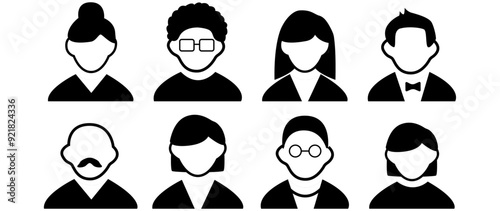 Vector illustration. Eight icons. Avatar, user profile, person icon, profile picture. Suitable for social media profiles, icons, screensavers and as a template.