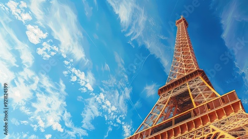 Eiffel Tower Reaching Towards a Blue Sky with White Clouds