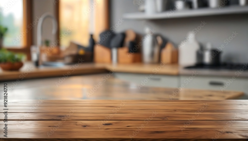 Kitchen wood table top for product display with blurred modern interior. Wooden tabletop over defocused kitchen background. kitchen furniture and desk space. product promotion in the kitchen Kitchen wood table top for product display with blurred modern interior. Wooden tabletop over defocused kitchen background. kitchen furniture and desk space. product promotion in the kitchen