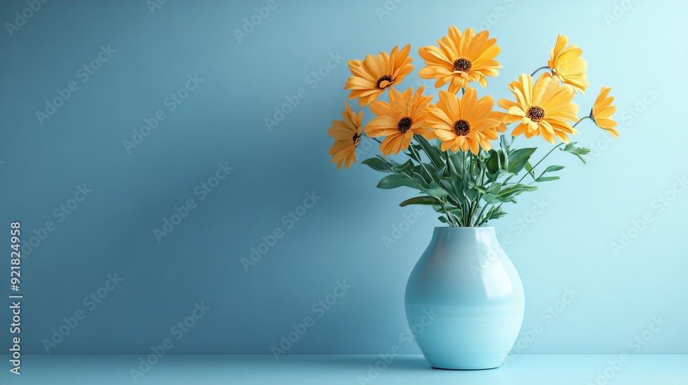 A vase of yellow flowers sits on a blue background A vase of yellow flowers sits on a blue background