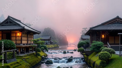 Serene Sunset at Traditional Japanese Riverside Architecture