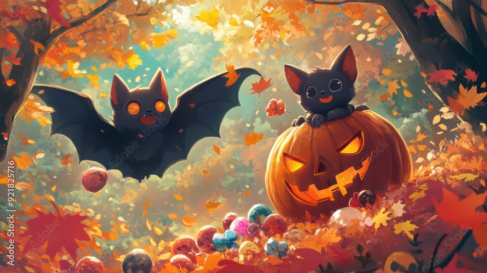 Fototapeta premium Images of witches, black cats, pumpkins, ghosts, cute cartoon characters, and candies that represent Halloween to use in card designs or media related to this day.