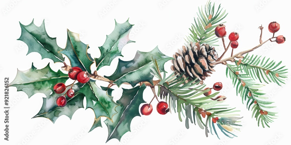Fototapeta premium Holly Berry Christmas Decoration: Watercolor Hand Drawn Illustration of Holly Berry with Pine Cone and Branch