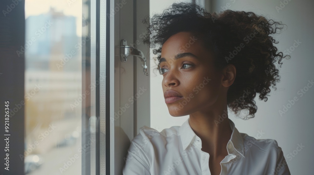 Confident Young Black Businesswoman Standing At A Window In An Office Alone, Poised And Contemplative Confident Young Black Businesswoman Standing At A Window In An Office Alone, Poised And Contemplative