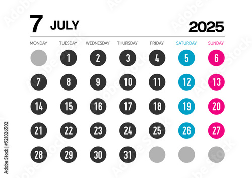 2025年の7月のカレンダー月曜始まりで日本の祝日表記無し
