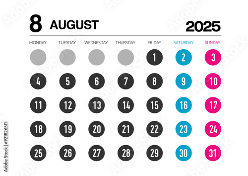 2025年の8月のカレンダー月曜始まりで日本の祝日表記無し