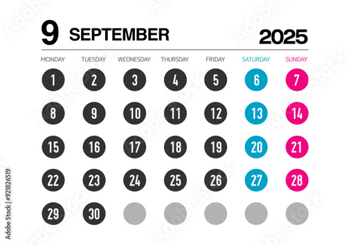 2025年の9月のカレンダー月曜始まりで日本の祝日表記無し