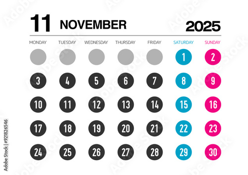 2025年の11月のカレンダー月曜始まりで日本の祝日表記無し