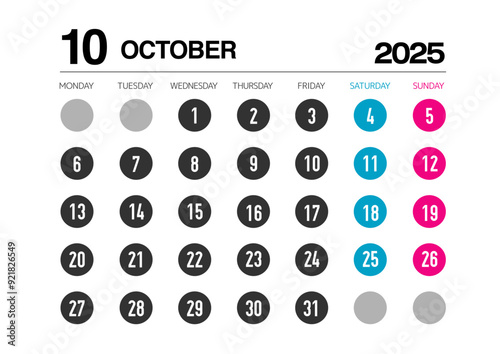 2025年の10月のカレンダー月曜始まりで日本の祝日表記無し