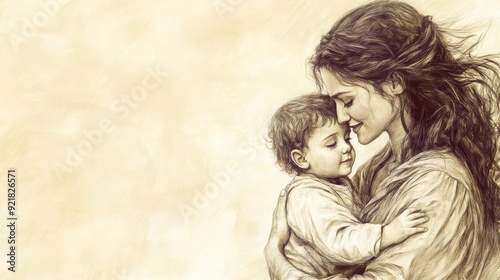 Biblical Illustration of Hannah's Prayer and Samuel's Service: Hannah Joyfully Holding Young Samuel, Dedicating Him to the Lord's Service, Beige Background, Faith, Dedication, Old Testament