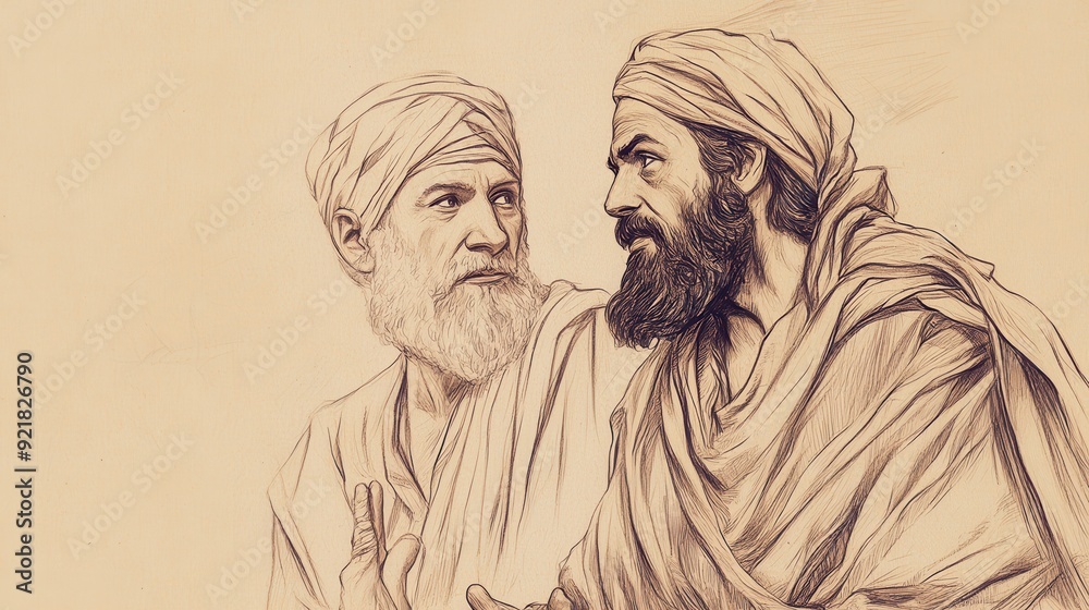 Fototapeta premium Biblical Illustration of Saul Chosen as King: Saul and Servant Decide to Visit Seer (Samuel) in Ramah for Guidance, Beige Background, Faith, Guidance, Old Testament