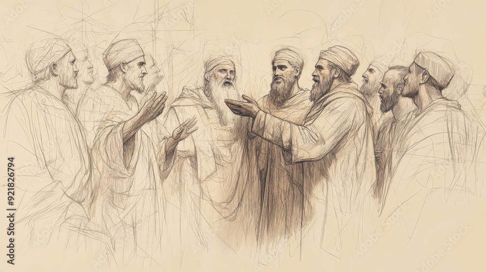 Naklejka premium Biblical Illustration of Saul Anointed King: Samuel Presents Saul to People, Proclaims Him King, Crowd Reacts in Awe, Beige Background, Faith, Leadership, Old Testament