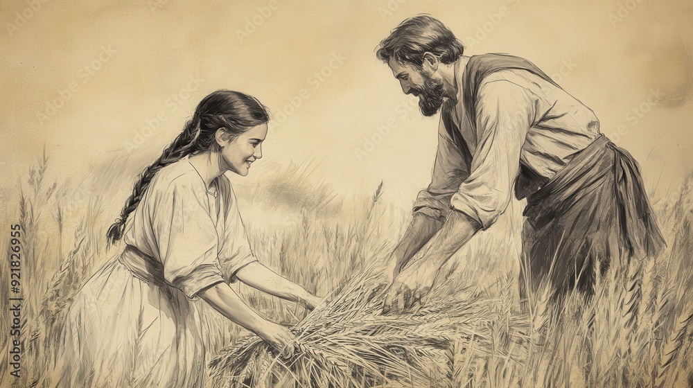 Obraz premium Biblical Illustration of Ruth Meets Boaz: Ruth Working Diligently in the Field, Boaz Observing from a Distance, Beige Background, Faith, Dedication, Old Testament Story